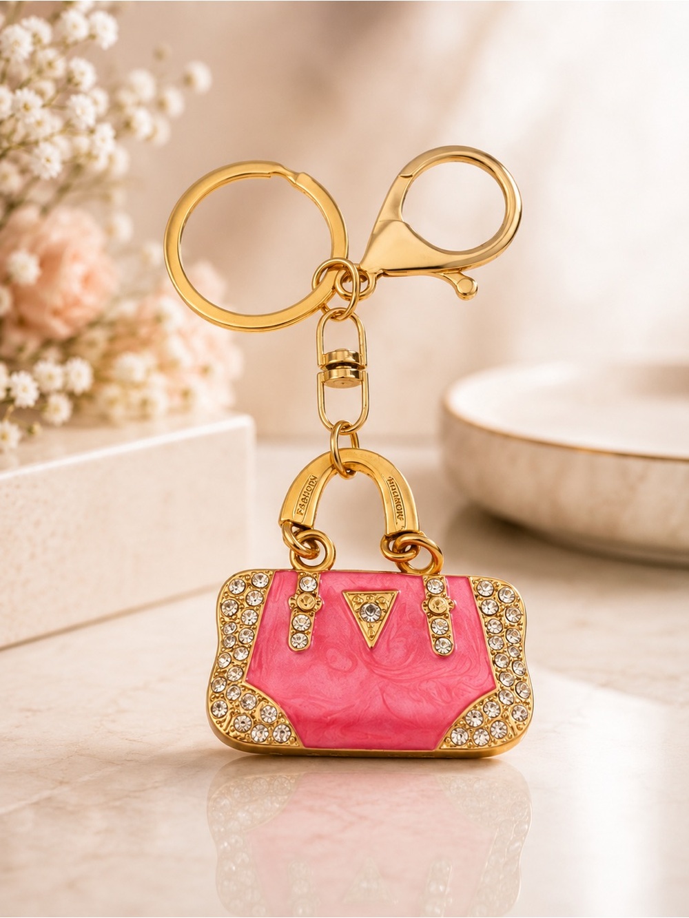 Pink Rhinestone Purse Bag Charm Keychain Gold Handbag Charm Crystal Key Ri